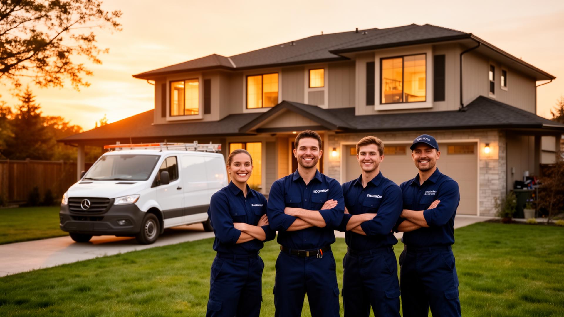 Home-solution team in front of a family home